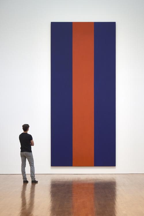 A man looks at Voice of Fire by Barnett Newman (1967). The painting consists of a tall canvas split into equal vertical stripes: blue, red, then blue again.