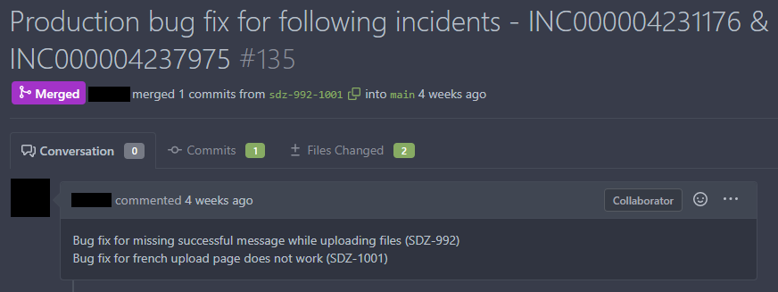 A Gitea pull request for an emergency fix. The title contains the ticket IDs and there is a brief description of what fixes were made.