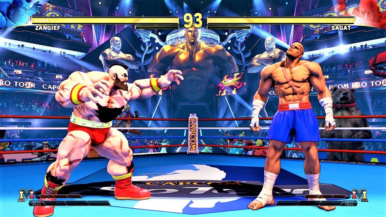 Sagat faces down Zangief in Street Fighter V.