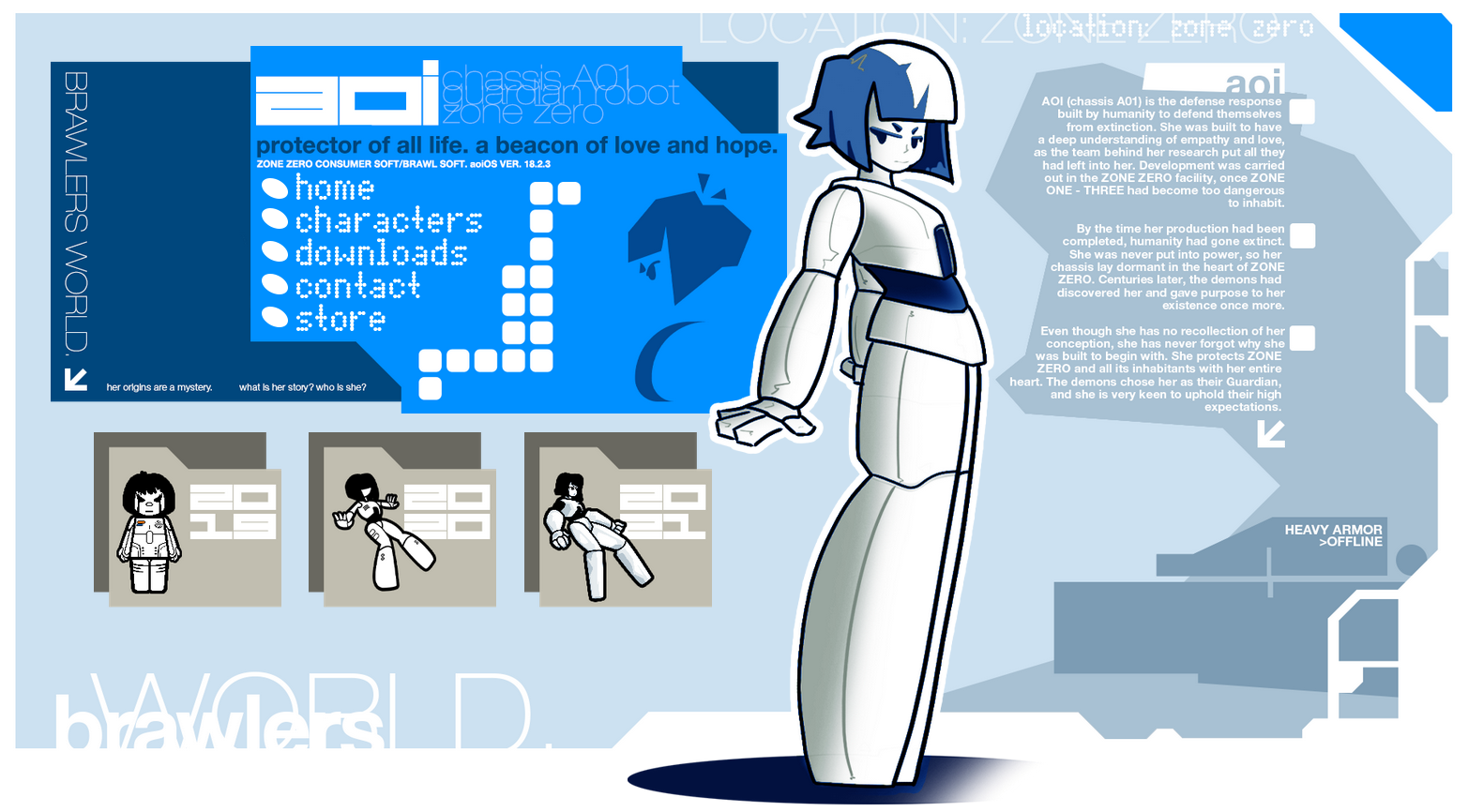 A screenshot of a blue webpage with geometric patterns depicting a robot.