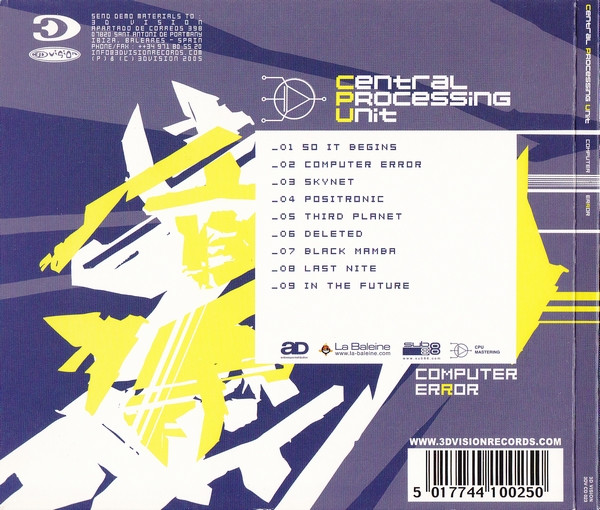 The back of a blue-and-yellow CD case, adorned with jagged geometric patterns. A large white square containing track listings covers a third of the art.